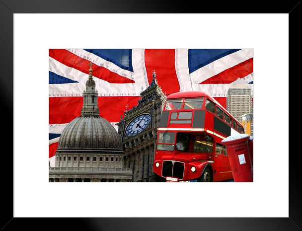 London Great Brittain Landmarks Bus Big Ben St Pauls Matted Framed Art Print Wall Decor 20x26 inch