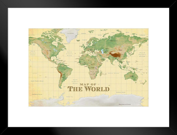 ProMaps Map of the World Vintage Style Travel World Map with Cities in Detail Map Posters Wall Map Art Wall Decor Geographical Illustration Travel Destination Matted Framed Art Wall Decor 20x26