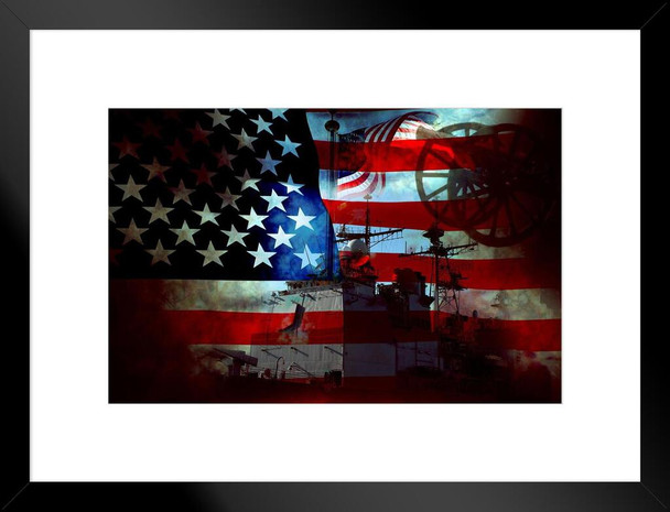 USA Patriotic Flag with Battleship Military Ship Boat Cannon Artillery United States Patriot July 4th Decoration Artwork Matted Framed Art Wall Decor 20x26