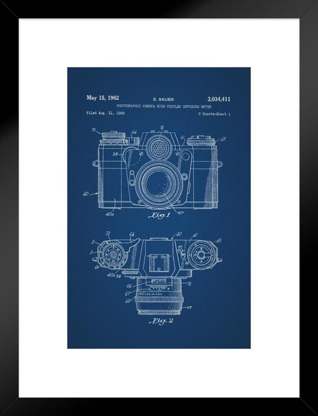 Sauer Vintage Camera 1962 Official Patent Blueprint Matted Framed Art Wall Decor 20x26