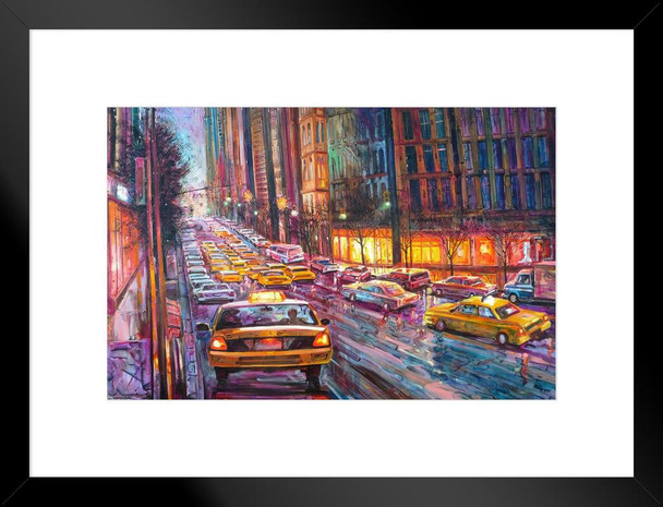 Night Streets New York City NYC Traffic Taxis Matted Framed Art Print Wall Decor 26x20 inch