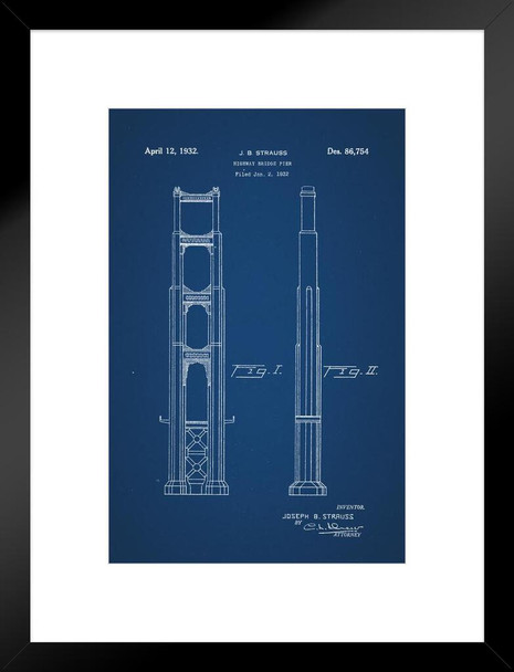 Golden Gate Bridge Highway Pier Official Patent Blueprint Matted Framed Wall Art Print 20x26 inch