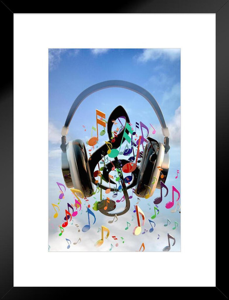 DJ Headphones Playing Colorful Musical Notes Music Poster Rock Roll Gamer Video Game Gaming Matted Framed Art Wall Decor 20x26