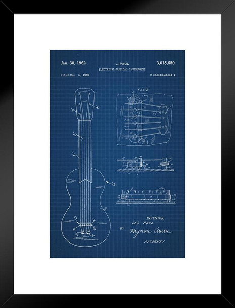 Les Paul Electric Guitar Pickup Sketch Official Patent Blueprint Matted Framed Art Print Wall Decor 20x26 inch