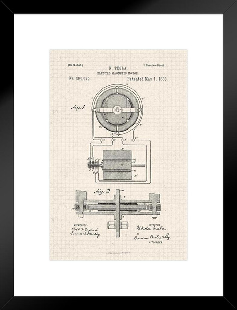 Electro Magnetic Motor Nikola Tesla Official Patent Diagram Matted Framed Art Print Wall Decor 20x26 inch