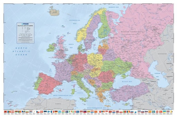 Political Map of Europe Flags Reference Educational Cool Wall Decor Art Print Poster 36x24