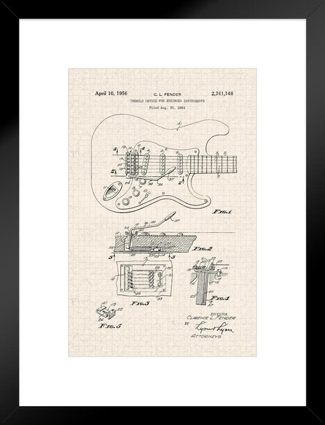 Famous Electric Guitar 1956 Official Patent Diagram Musical Stringed Instrument Tan Diagram Illustration Sketch Rock Roll Band Music Decoration Matted Framed Art Wall Decor 20x26