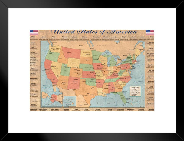 United States of America Map With Details Matted Framed Poster 20x26 inch