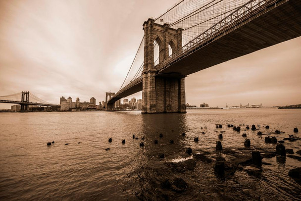 Laminated Brooklyn Bridge Over East River Against Cloudy Sky Photo Art Print Poster Dry Erase Sign 12x18