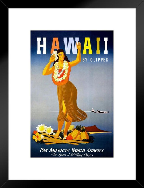 Hawaii by Clipper Hula Girl Vintage Travel Print Beach Sunset Palm Landscape Pictures Ocean Scenic Scenery Tropical Nature Photography Paradise Scenes Matted Framed Art Wall Decor 20x26