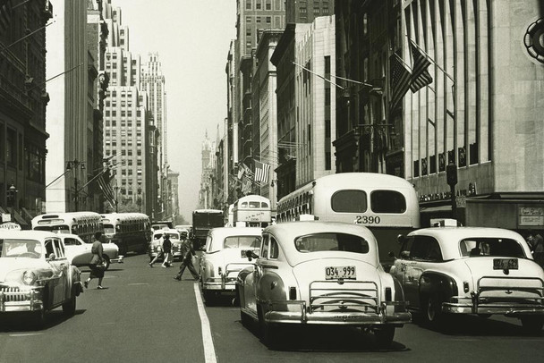 Laminated Retro Cars on a Busy Street New York City NYC B&W Photo Art Print Poster Dry Erase Sign 18x12