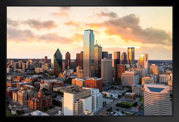 Dallas Texas Cityscape Skyline At Sunrise Reunion Tower Photo Black Wood Framed Art Poster 20x14
