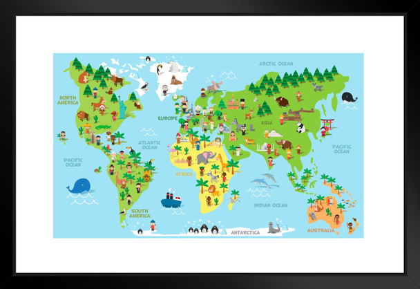 Cartoon World Map Children Animals Monuments Educational Travel World Map with Cities in Detail Map Posters for Wall Map Art Wall Decor Geographical Illustration Matted Framed Art Wall Decor 26x20
