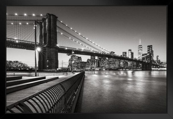 Brooklyn Bridge Park Boardwalk Lower Manhattan East River Black & White Photo Matted Framed Wall Art Print 26x20 inch
