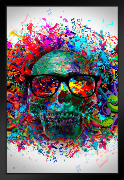 Musical Graffiti Colorful Abstract Skull Poster Musical Notes Skeleton Head Sunglasses Rainbow Paint Black Wood Framed Art Poster 14x20