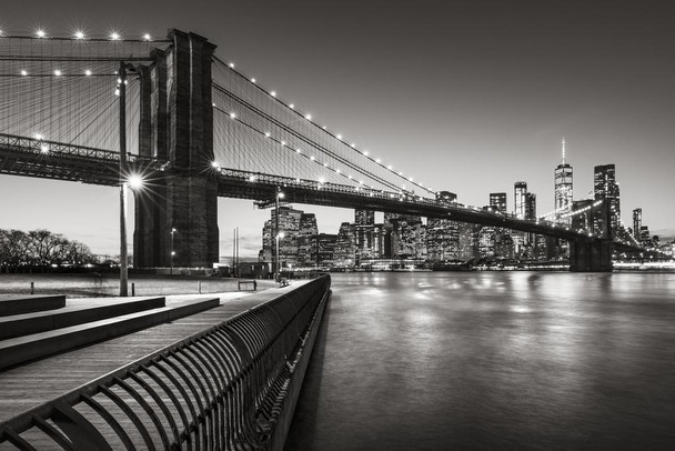 Laminated Brooklyn Bridge Park Boardwalk Lower Manhattan East River Black & White Photo Poster Dry Erase Sign 18x12