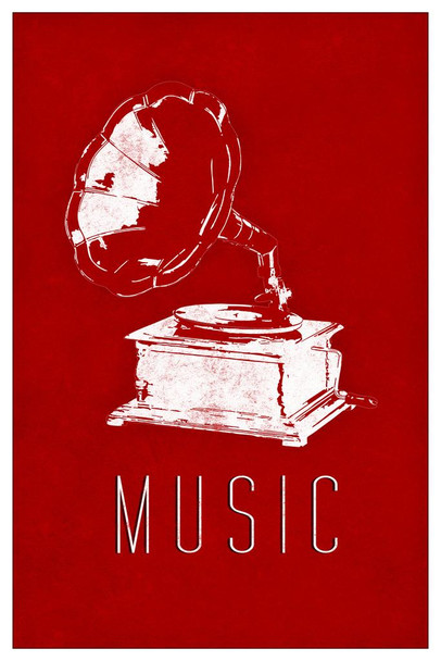 Laminated Music Victrola Record Player Red Poster Dry Erase Sign 12x18