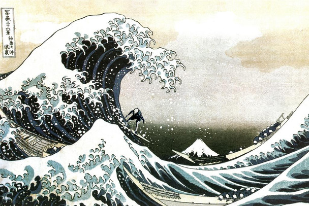Laminated Funny Surfing The Great Wave Humor Katsushika Hokusai Poster Traditional Japanese Art Wall Decor Woodblock Art Nature Asian Art Kanagawa Print Hokusai Paintings Poster Dry Erase Sign 12x18
