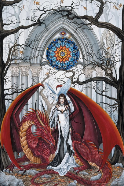 Laminated Wisdom Warrior Queen In Temple Red Dragon Owl by Nene Thomas Fantasy Poster Poster Dry Erase Sign 12x18