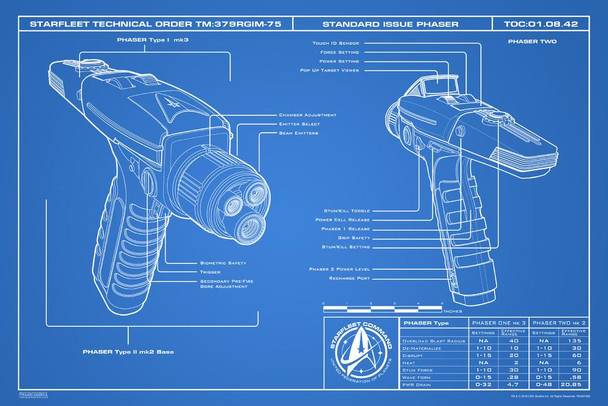 Star Trek Discovery Phaser Blueprint 1 Laminated Dry Erase Sign Poster 12x18
