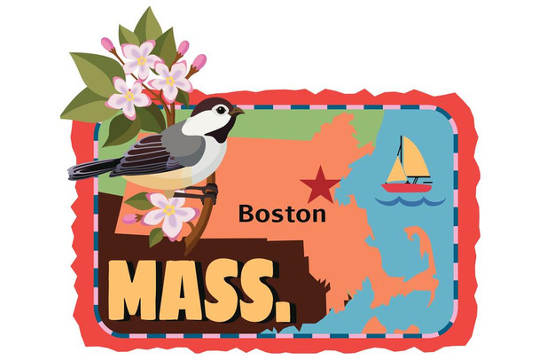 Laminated Massachusetts Retro Travel Sticker Art print Poster Dry Erase Sign 12x18
