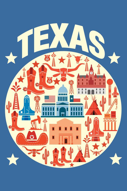 Laminated Texas Symbols Art Print Poster Dry Erase Sign 12x18