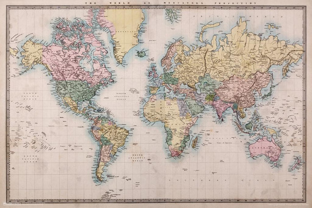 Laminated World Of Mercators Projection Vintage Antique Historical Cartographic Print Poster Dry Erase Sign 12x18