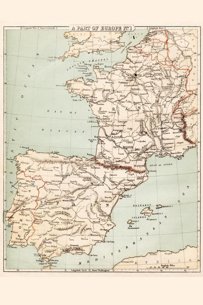 Laminated Spain and France 1869 Vintage Antique Style Map Poster Dry Erase Sign 12x18