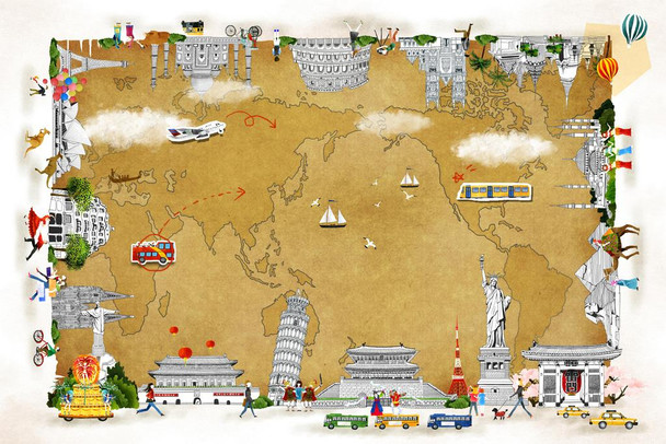 Laminated Map of the World International Landmarks Illustration Travel World Map with Landmark in Detail Map Posters for Wall Map Art Wall Decor Geographical Illustration Poster Dry Erase Sign 18x12