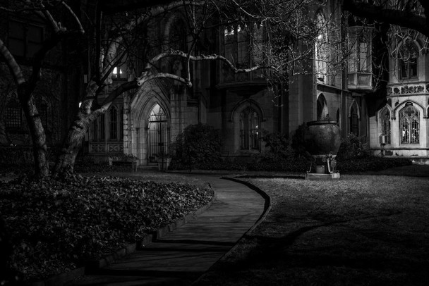 Laminated Spooky Cathedral at Night in Lower Manhattan B&W Photo Art Print Poster Dry Erase Sign 18x12