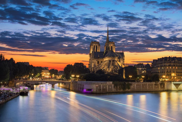 Laminated Notre Dame Cathedral Seine River Paris France At Sunset Photo Art Print Poster Dry Erase Sign 18x12