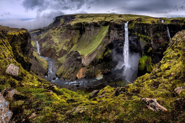 Laminated Haifoss Waterfall In Iceland Cloudy Scenic Photo Art Print Poster Dry Erase Sign 18x12