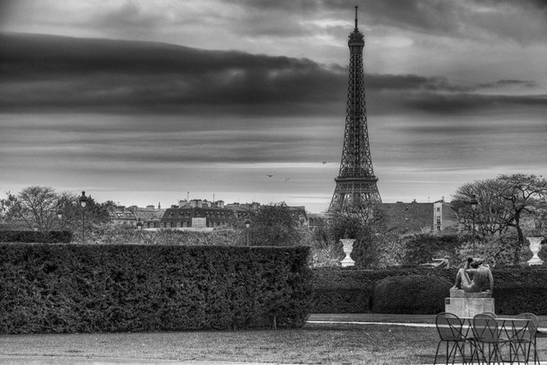 Laminated Eiffel Tower on Cloudy Day Paris France Black and White B&W Photo Art Print Poster Dry Erase Sign 18x12