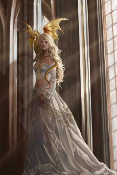 Laminated Asiria Dragon Princess In Castle by Nene Thomas Fantasy Poster Golden Dragon On Shoulder Kingdom Poster Dry Erase Sign 12x18