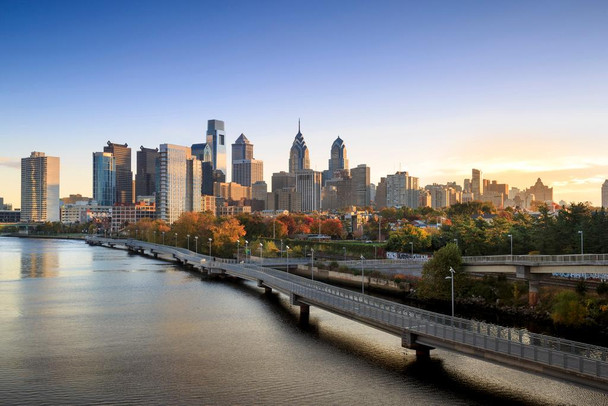 Laminated Philadelphia Skyline with Schuylkill Banks Boardwalk at Dawn Photo Art Print Poster Dry Erase Sign 18x12