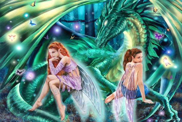 Laminated Gemini Faeries Sitting On Green Dragon by Ruth Thompson Fantasy Poster Dry Erase Wall Art 12x18