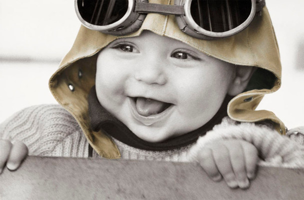 Baby Pilot Kim Anderson Adorable Baby Wearing Pilots Hat Goggles Black And White Cool Wall Decor Art Print Poster 36x24