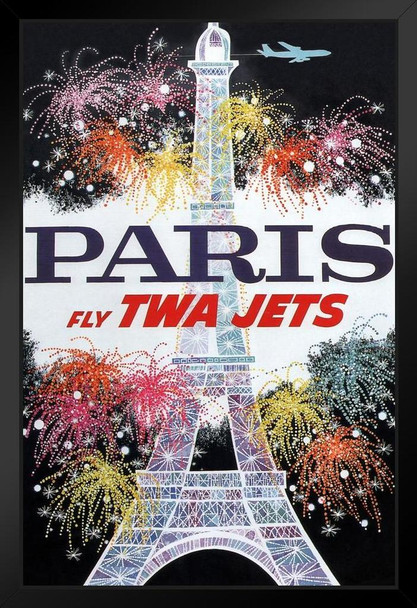 Paris Fly TWA Jets Retro Travel Black Wood Framed Art Poster 14x20