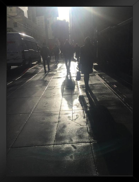 New York City People Walking Wet Sidewalk Sunburst Photo Black Wood Framed Art Poster 20x14