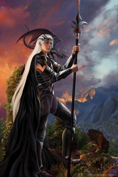 Laminated Destiny Female Warrior With Baby Black Dragon by Nene Thomas Fantasy Poster Dry Erase Wall Art 12x18