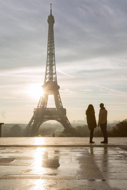 Laminated Couple Tourists Looking at Eiffel Tower Paris Photo Art Print Poster Dry Erase Sign 12x18