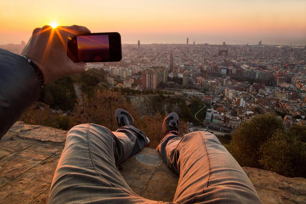 Laminated Man from POV Taking Photos of Barcelona Sunrise Photo Art Print Poster Dry Erase Sign 18x12