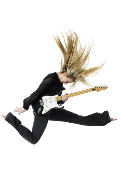 Laminated Woman Jumping with Electric Guitar Photo Art Print Poster Dry Erase Sign 12x18