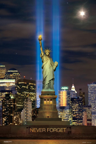 Laminated Never Forget September 11 Tribute In Light Photography Art Print Poster Dry Erase Sign 12x18