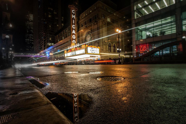 Laminated Chicago Theatre at Night Reflection Photo Art Print Poster Dry Erase Sign 18x12
