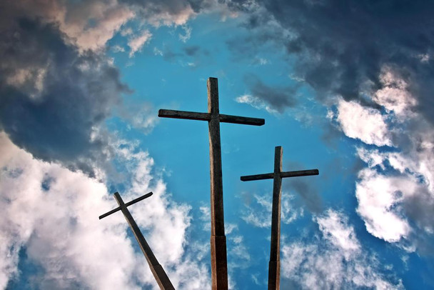 Laminated Three Crosses Above Blue Sky With Clouds Photo Art Print Poster Dry Erase Sign 18x12