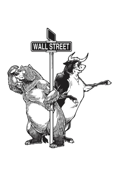 Laminated Bull and Bear Standing Beside Wall Street Sign Poster Dry Erase Sign 12x18