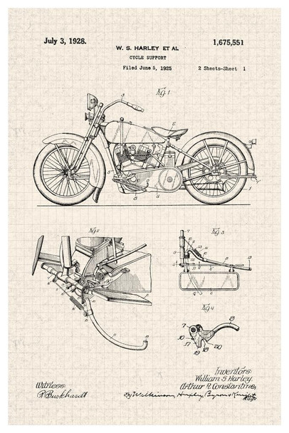 Laminated Motorcycle 1928 DeOfficial Patent Diagram Poster Dry Erase Sign 12x18