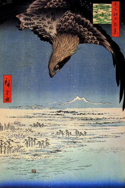 Laminated Utagawa Hiroshige Fukagawa Susaki and Jumantsubo Japanese Art Poster Traditional Japanese Wall Decor Hiroshige Woodblock Landscape Artwork Animal Nature Print Poster Dry Erase Sign 12x18