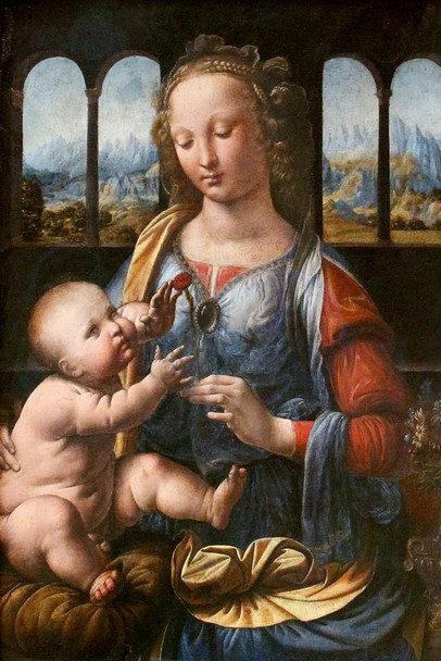 Laminated Leonardo Da Vinci Madonna Of The Carnation With Child Vase Realism Romantic Artwork Woman Davinci Drawings Portrait Oil Painting Wall Art Renaissance Posters Poster Dry Erase Sign 12x18